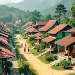 Pemandangan desa dengan rumah tradisional dan aktivitas budaya.