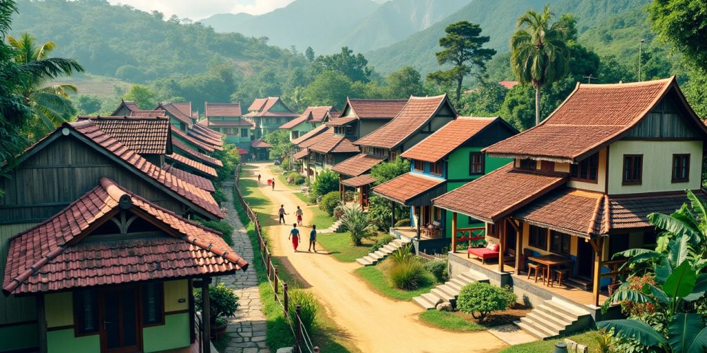 Pemandangan desa dengan rumah tradisional dan aktivitas budaya.