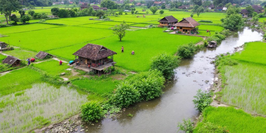 Pemandangan desa dengan sawah dan rumah tradisional.