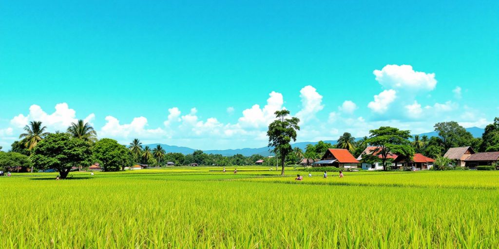 Pemandangan Desa Pilang dengan sawah dan rumah tradisional.